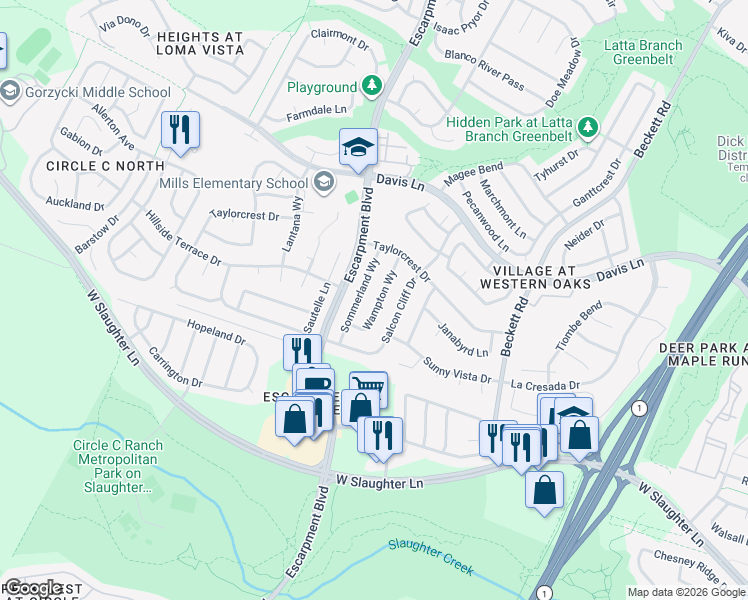 map of restaurants, bars, coffee shops, grocery stores, and more near 9102 Wampton Way in Austin