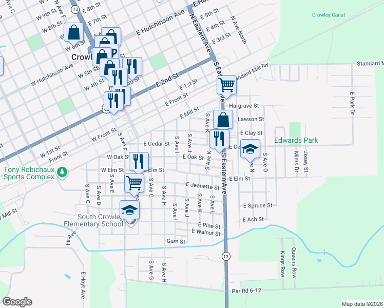 map of restaurants, bars, coffee shops, grocery stores, and more near 501 East Oak Street in Crowley