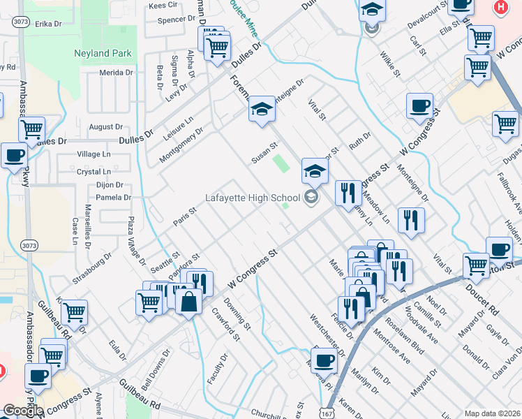 map of restaurants, bars, coffee shops, grocery stores, and more near 106 Delphine Street in Lafayette