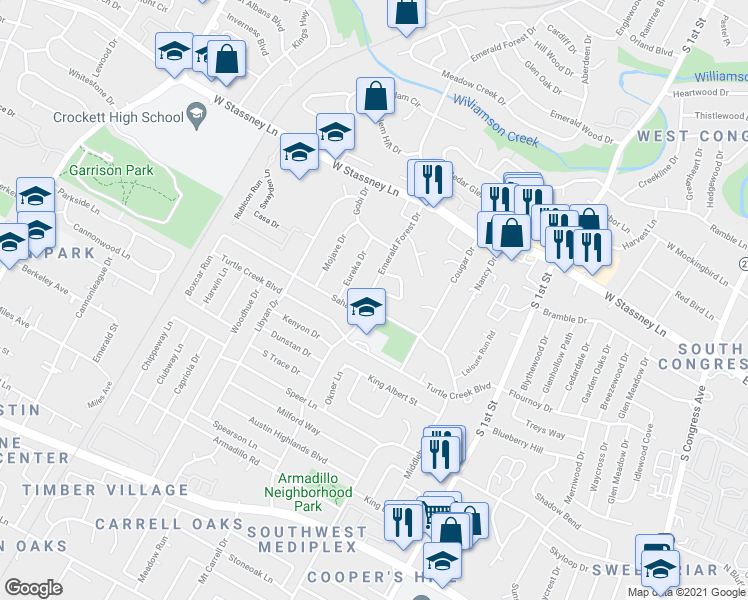 map of restaurants, bars, coffee shops, grocery stores, and more near 6001 Emerald Forest Drive in Austin