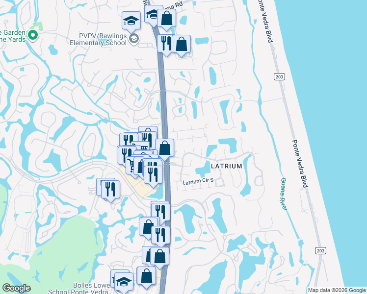 map of restaurants, bars, coffee shops, grocery stores, and more near 2419 Brittany Court in Ponte Vedra Beach