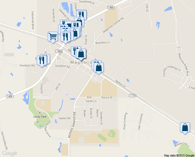 map of restaurants, bars, coffee shops, grocery stores, and more near 114 Commerce Street in Magnolia
