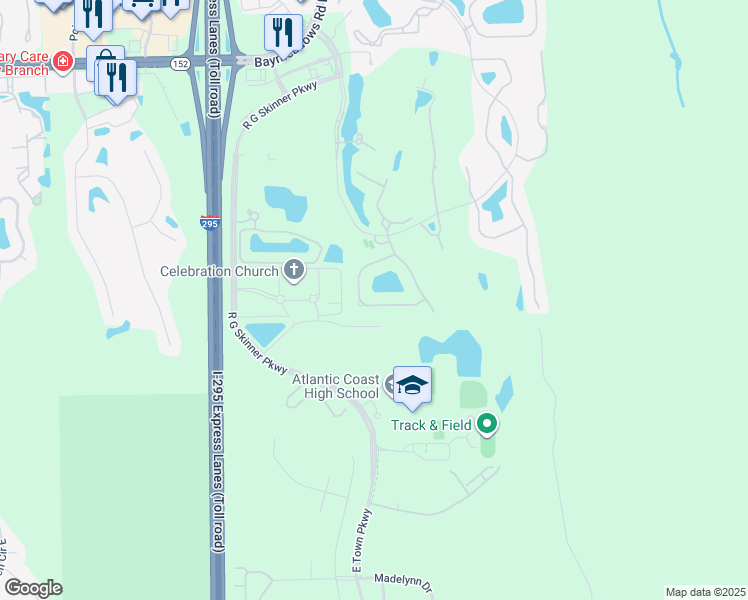 map of restaurants, bars, coffee shops, grocery stores, and more near 11250 Water Spring Circle in Jacksonville