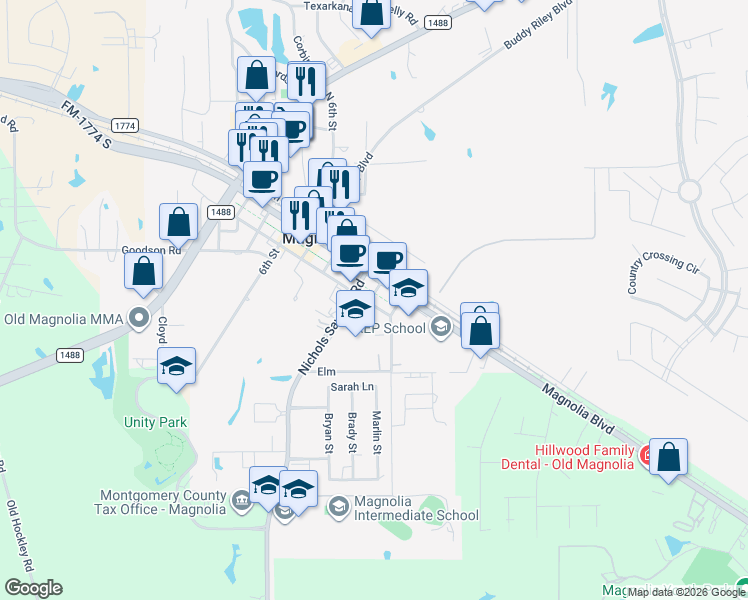 map of restaurants, bars, coffee shops, grocery stores, and more near 114 Commerce Street in Magnolia