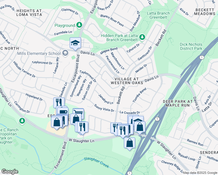 map of restaurants, bars, coffee shops, grocery stores, and more near 5808 Lomita Verde Circle in Austin