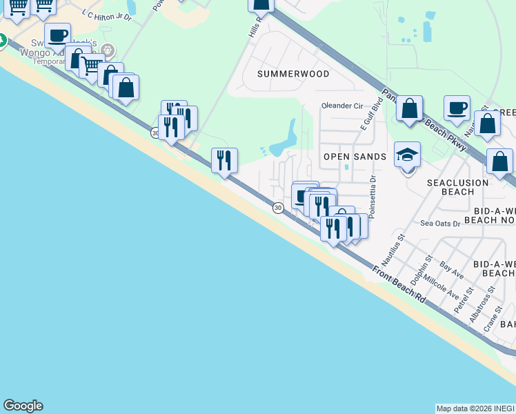 map of restaurants, bars, coffee shops, grocery stores, and more near 14929 Front Beach Road in Panama City
