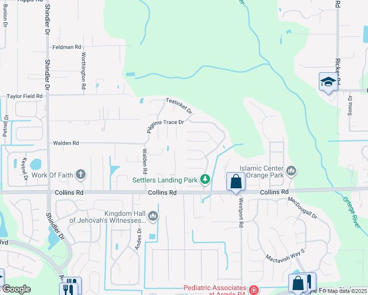map of restaurants, bars, coffee shops, grocery stores, and more near 8165 Settlers Landing Trail North in Jacksonville