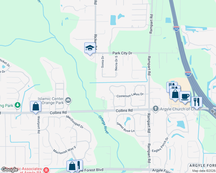 map of restaurants, bars, coffee shops, grocery stores, and more near 7577 Allspice Circle North in Jacksonville