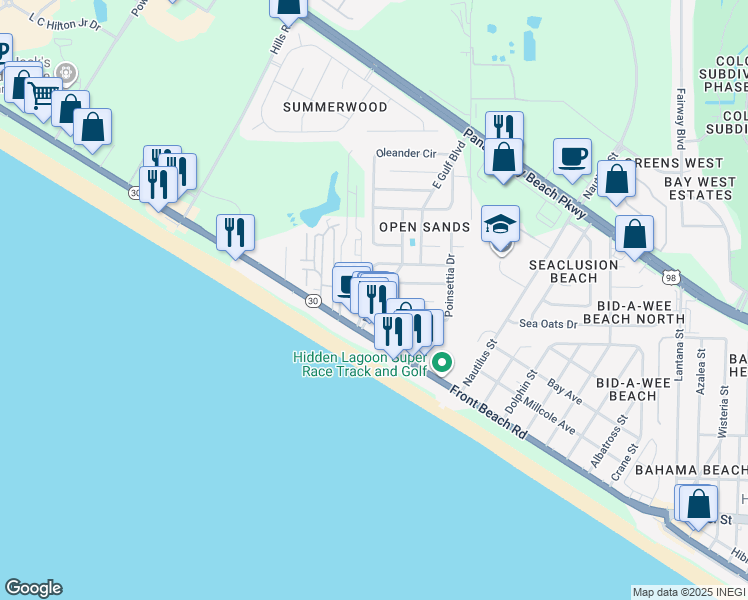 map of restaurants, bars, coffee shops, grocery stores, and more near 14700 Front Beach Road in Panama City Beach