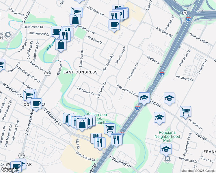 map of restaurants, bars, coffee shops, grocery stores, and more near 805 Sussex Drive in Austin