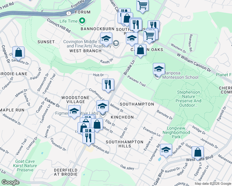 map of restaurants, bars, coffee shops, grocery stores, and more near 3418 Harpers Ferry Lane in Austin