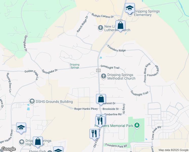 map of restaurants, bars, coffee shops, grocery stores, and more near 28725 Ranch Road 12 in Dripping Springs