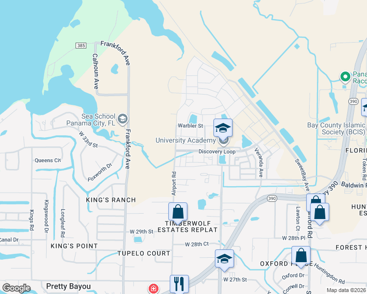 map of restaurants, bars, coffee shops, grocery stores, and more near 3160 Airport Drive in Panama City