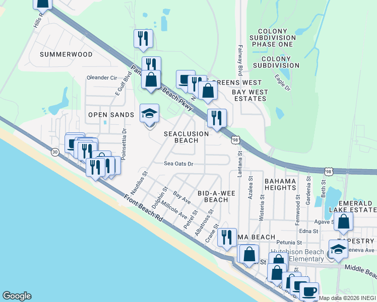 map of restaurants, bars, coffee shops, grocery stores, and more near 132 Seaclusion Circle in Panama City Beach