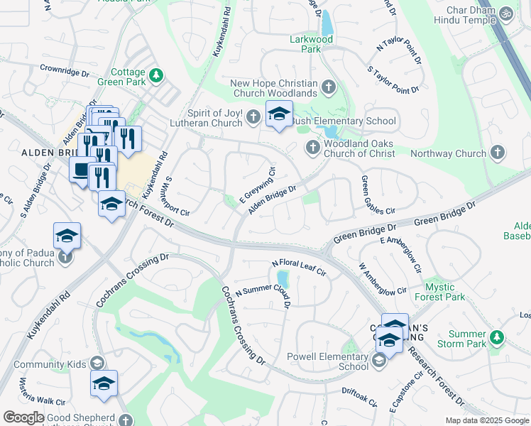 map of restaurants, bars, coffee shops, grocery stores, and more near 8 Churchdale Place in The Woodlands