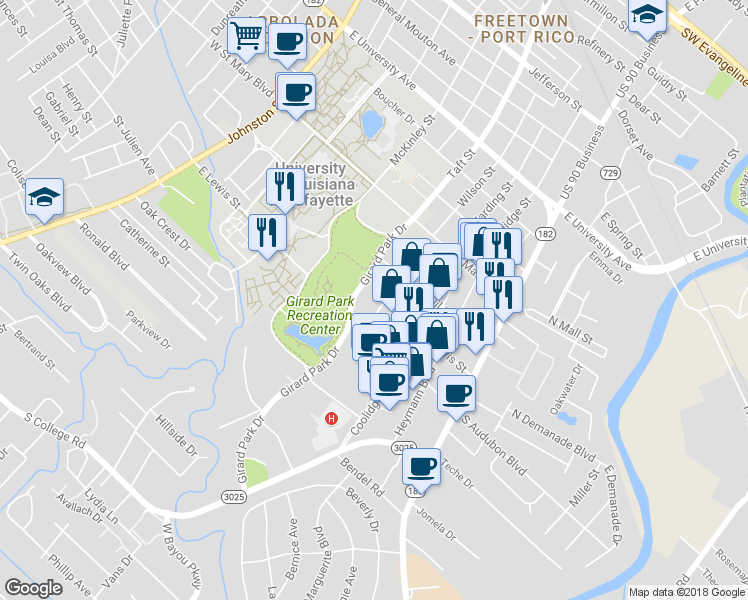 map of restaurants, bars, coffee shops, grocery stores, and more near 901 Wilson Street in Lafayette