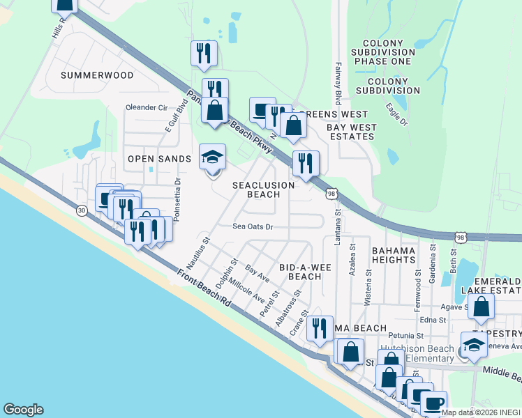 map of restaurants, bars, coffee shops, grocery stores, and more near 132 Seaclusion Circle in Panama City Beach