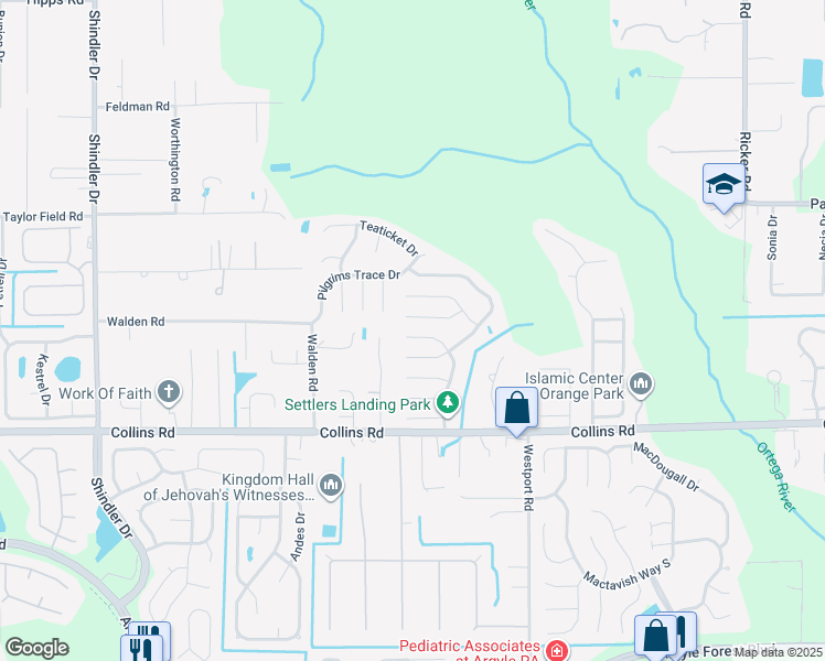 map of restaurants, bars, coffee shops, grocery stores, and more near 8165 Settlers Landing Trail North in Jacksonville