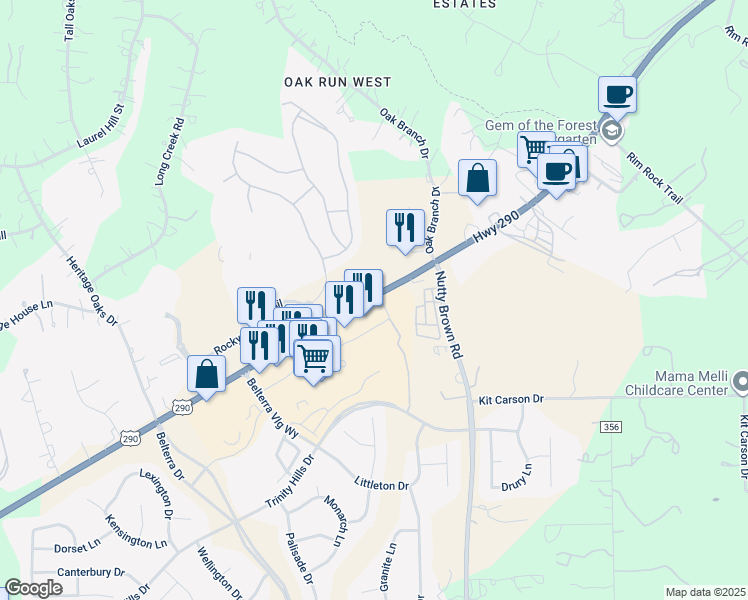 map of restaurants, bars, coffee shops, grocery stores, and more near 164 Hargraves Drive in Austin