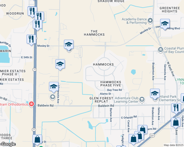 map of restaurants, bars, coffee shops, grocery stores, and more near 3408 Jasmine Trace Lane in Lynn Haven