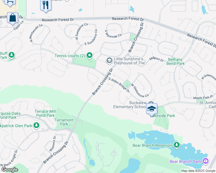 map of restaurants, bars, coffee shops, grocery stores, and more near 31 Orchard Pines Place in Spring