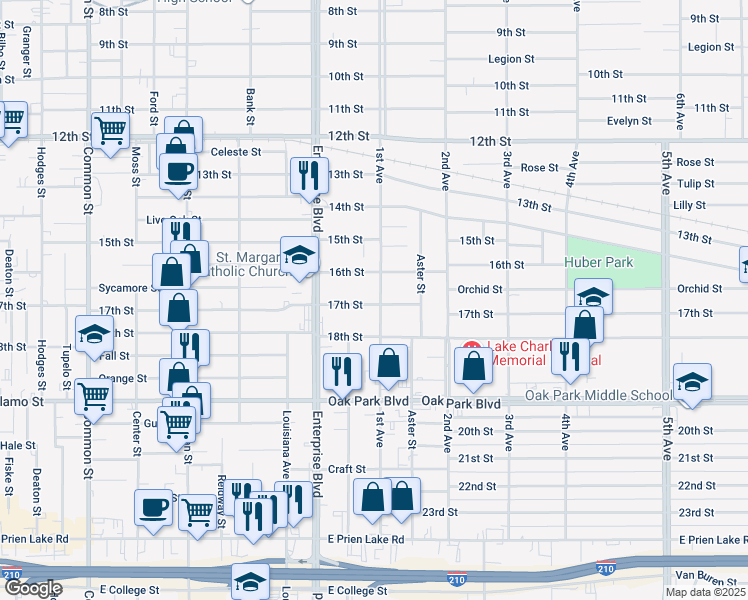 map of restaurants, bars, coffee shops, grocery stores, and more near 1221 17th St in Lake Charles