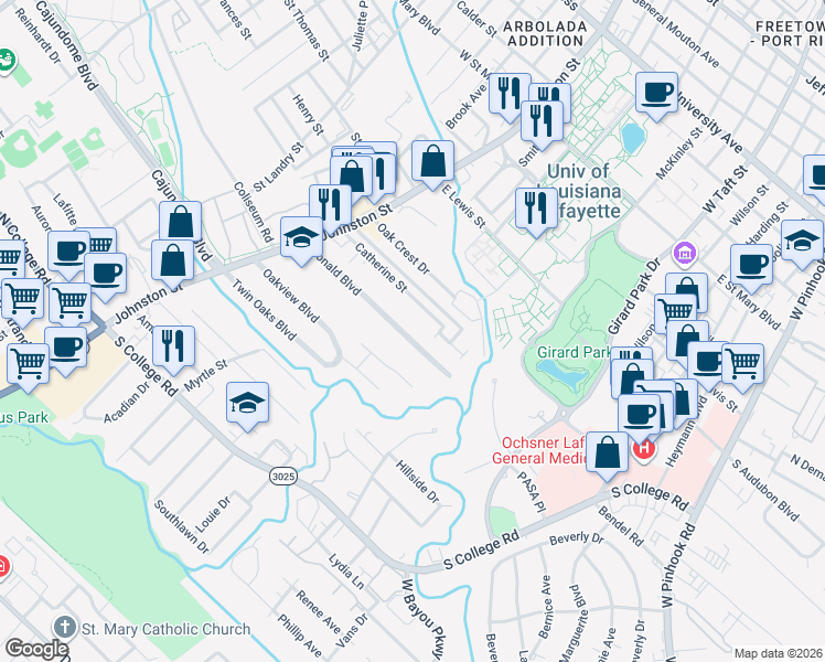 map of restaurants, bars, coffee shops, grocery stores, and more near 165 Ronald Boulevard in Lafayette