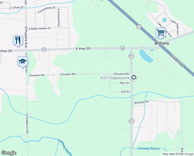 map of restaurants, bars, coffee shops, grocery stores, and more near 42365 Clouatre Rd in Gonzales