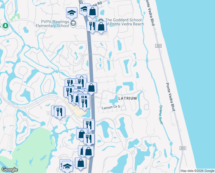 map of restaurants, bars, coffee shops, grocery stores, and more near 2435 Burgundy Court in Ponte Vedra Beach