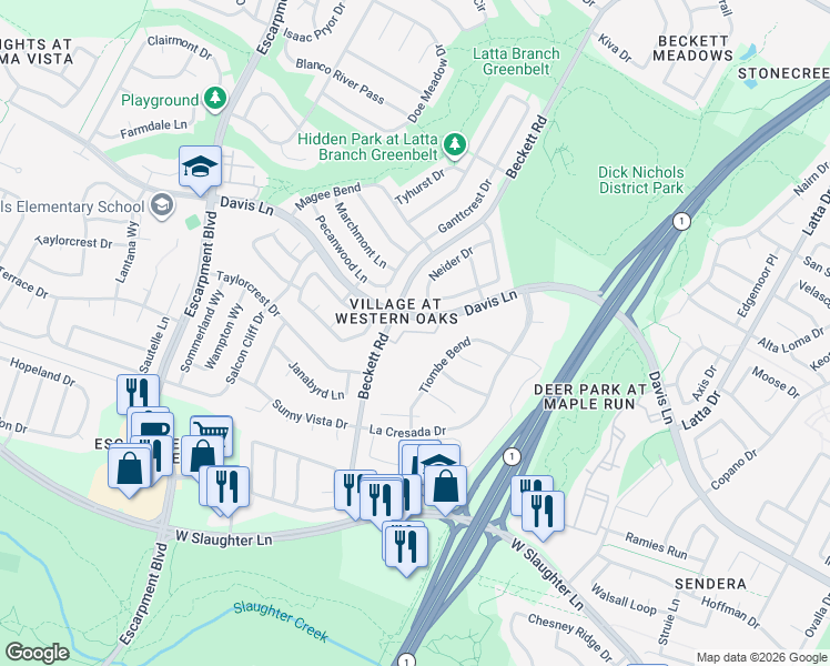 map of restaurants, bars, coffee shops, grocery stores, and more near 5700 Lomita Verde Circle in Austin