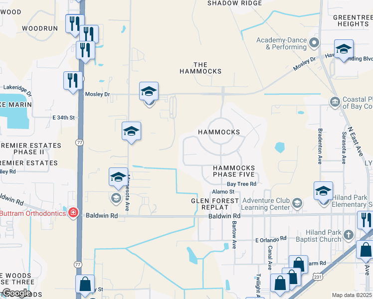 map of restaurants, bars, coffee shops, grocery stores, and more near 3450 Cherry Ridge Road in Lynn Haven
