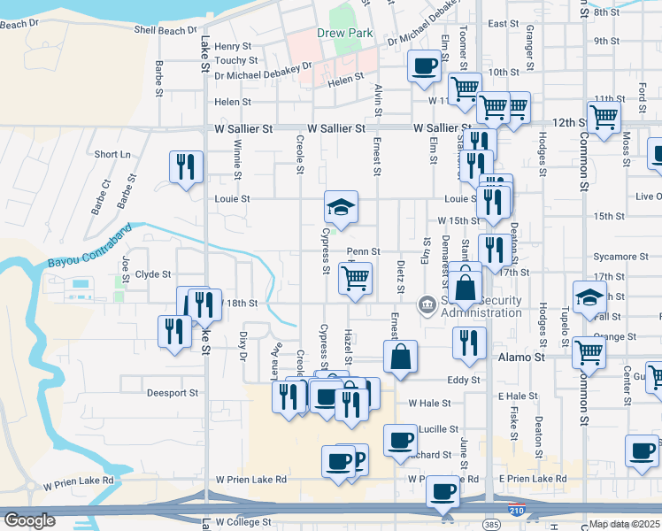 map of restaurants, bars, coffee shops, grocery stores, and more near 2515 Cypress Street in Lake Charles