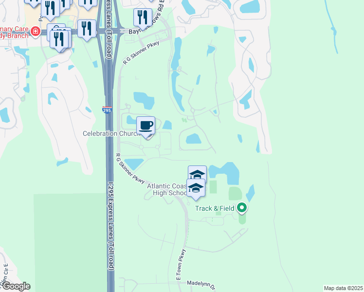 map of restaurants, bars, coffee shops, grocery stores, and more near 11250 Water Spring Circle in Jacksonville