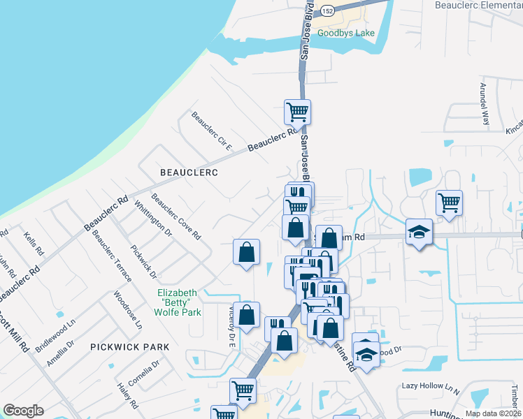 map of restaurants, bars, coffee shops, grocery stores, and more near 3595 Cardinal Point Drive in Jacksonville