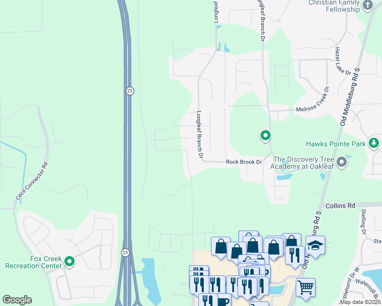 map of restaurants, bars, coffee shops, grocery stores, and more near 7899 Merchants Way in Jacksonville