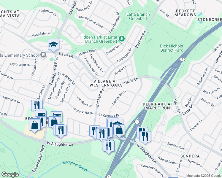map of restaurants, bars, coffee shops, grocery stores, and more near 5700 Lomita Verde Circle in Austin