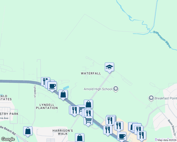 map of restaurants, bars, coffee shops, grocery stores, and more near 109 Angel Falls Lane in Panama City Beach