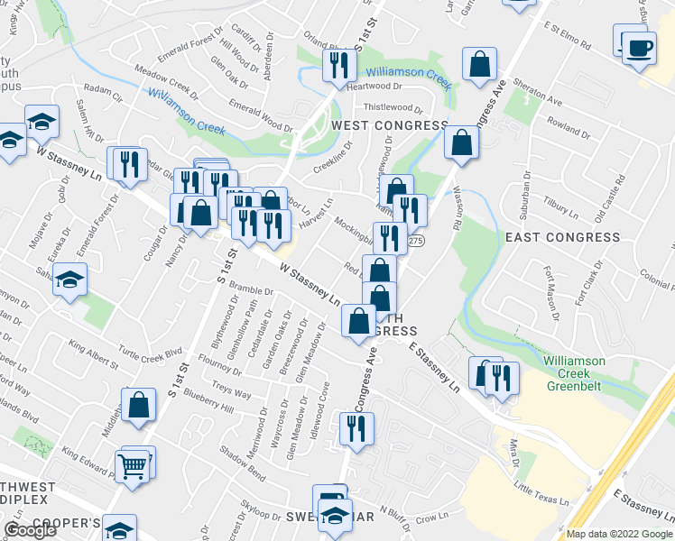 map of restaurants, bars, coffee shops, grocery stores, and more near 5500 Blue Bird Lane in Austin