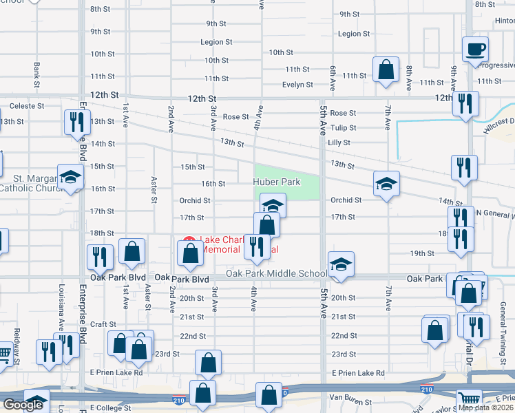 map of restaurants, bars, coffee shops, grocery stores, and more near 2601 4th Ave in Lake Charles