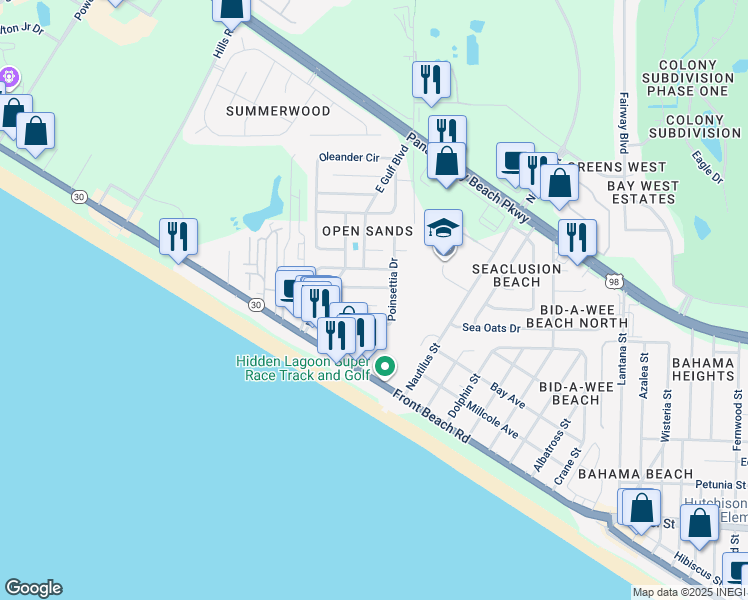 map of restaurants, bars, coffee shops, grocery stores, and more near 615 Poinsettia Court in Panama City Beach