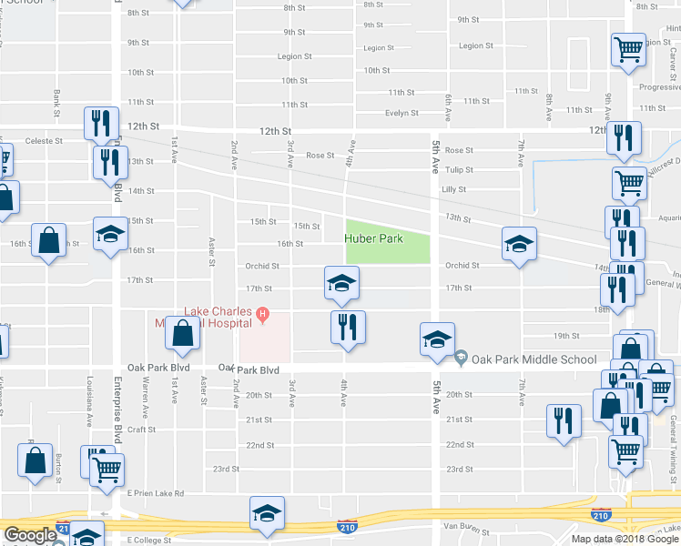map of restaurants, bars, coffee shops, grocery stores, and more near 1926 Orchid Street in Lake Charles