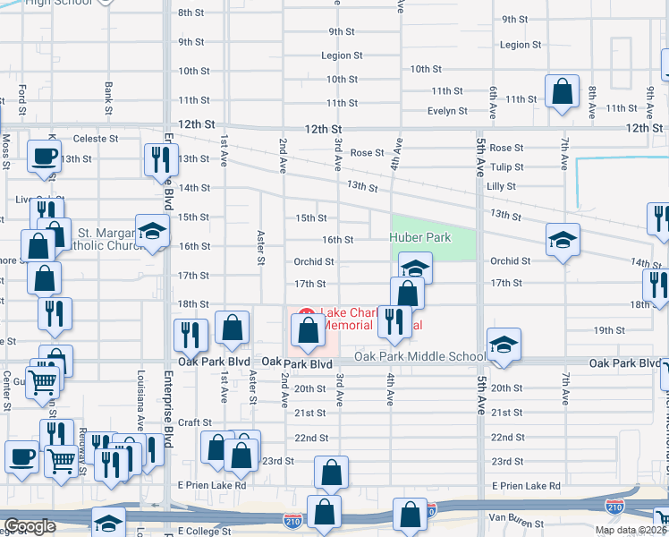 map of restaurants, bars, coffee shops, grocery stores, and more near 1715 17th Street in Lake Charles