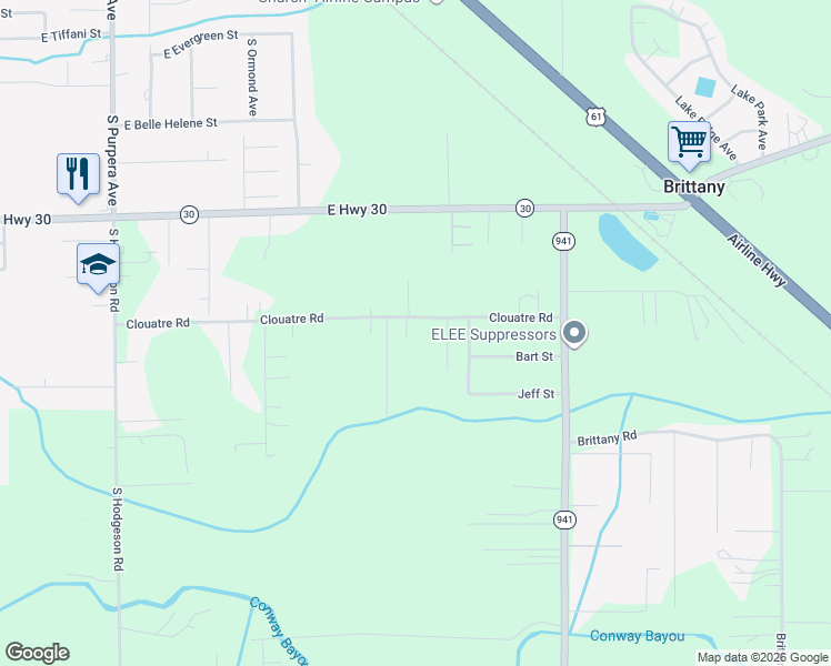 map of restaurants, bars, coffee shops, grocery stores, and more near 42365 Clouatre Road in Gonzales
