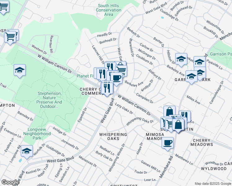 map of restaurants, bars, coffee shops, grocery stores, and more near W Gate Blvd & W William Cannon Dr in Austin