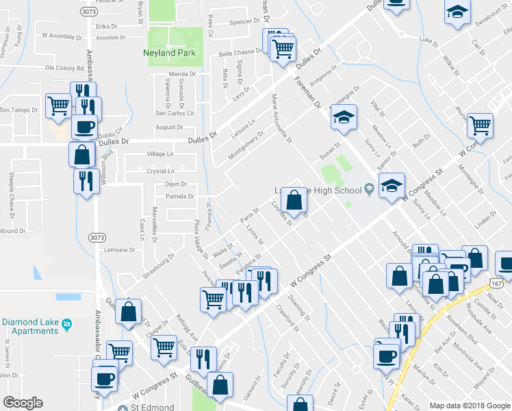 map of restaurants, bars, coffee shops, grocery stores, and more near 306 Paris Street in Lafayette