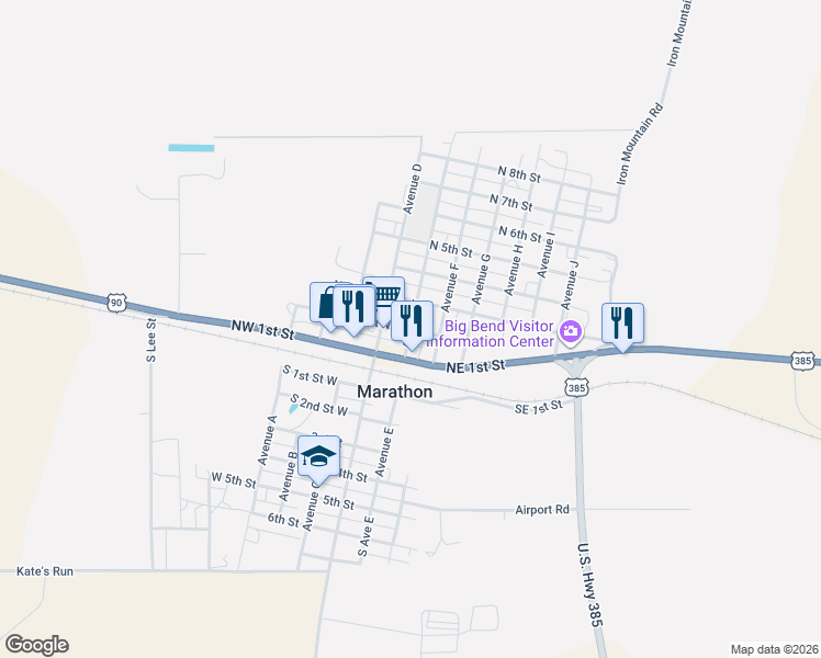 map of restaurants, bars, coffee shops, grocery stores, and more near Avenue E in Alpine