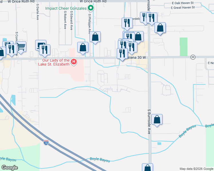 map of restaurants, bars, coffee shops, grocery stores, and more near 915 W Elrem St in Gonzales