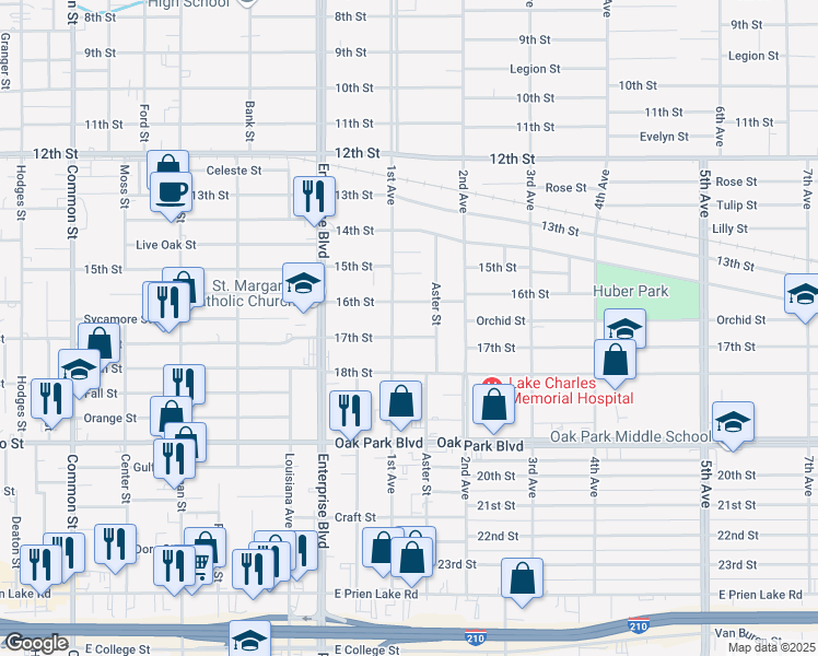 map of restaurants, bars, coffee shops, grocery stores, and more near 1407 17th St in Lake Charles