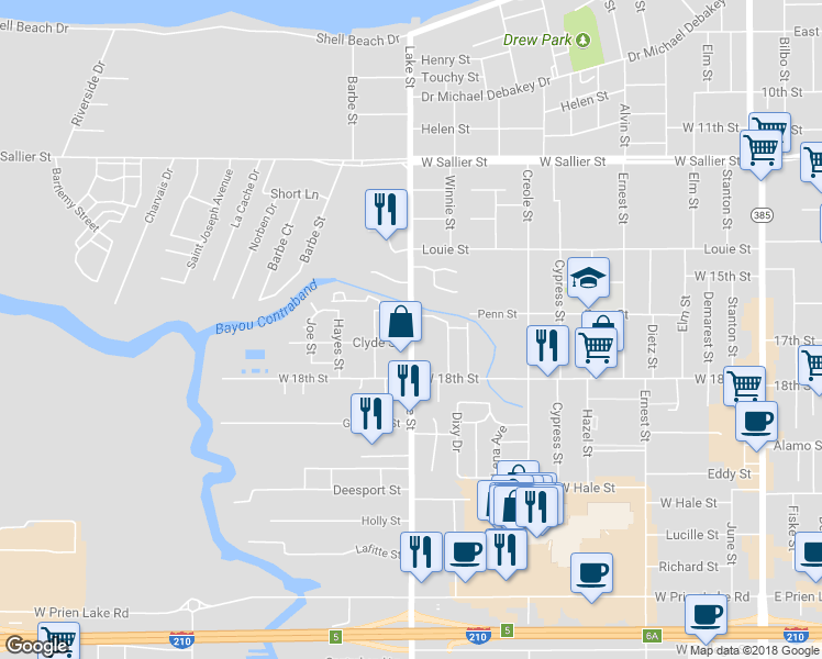 map of restaurants, bars, coffee shops, grocery stores, and more near 2500 Lake Street in Lake Charles