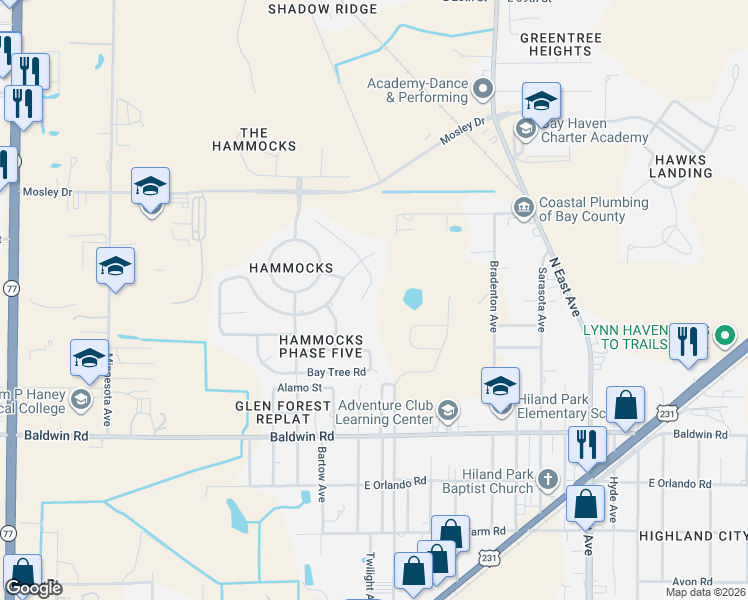 map of restaurants, bars, coffee shops, grocery stores, and more near 3515 Pleasant Hill Road in Lynn Haven